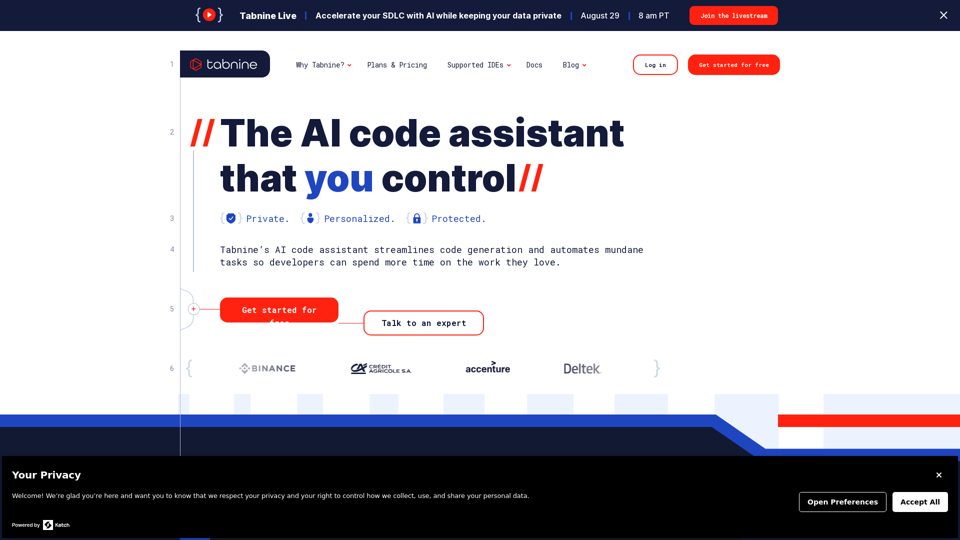 Tabnine AI code assistant | Private, personalized, protected